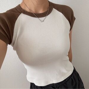 Brandy Melville Brown and White Short Sleeve Top